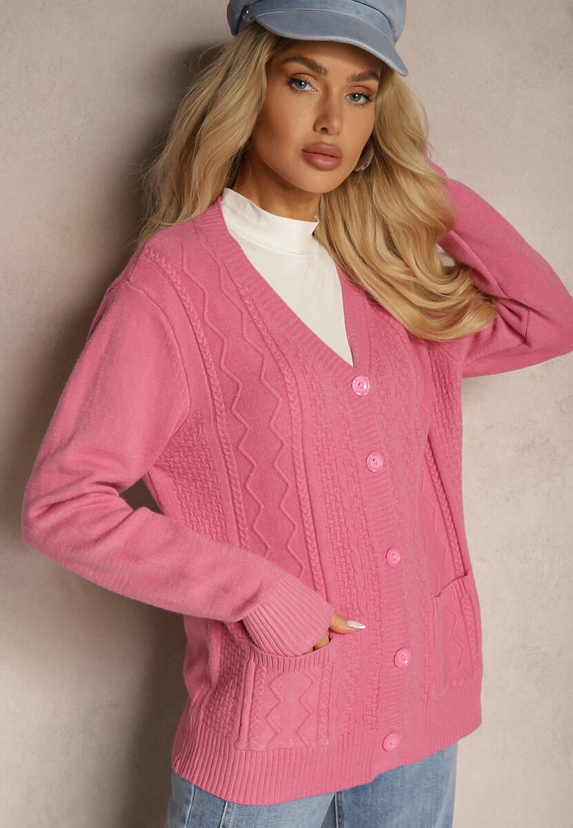 Szary Kardigan z Dodatkiem Bawełny Ozdobiony Tłoczeniami i Kieszeniami Mavalin