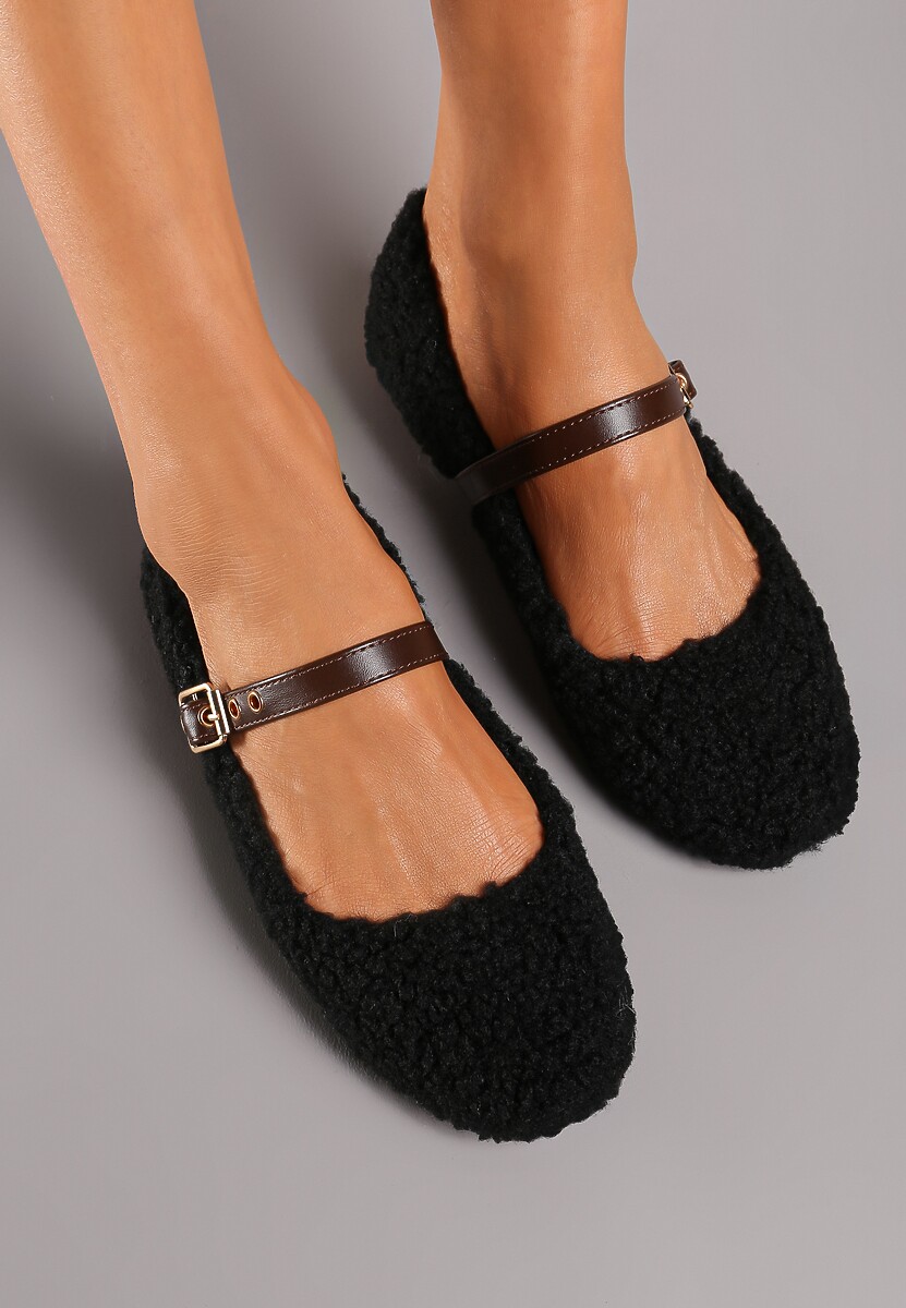 Czarne Balerinki Mary Jane na Płaskiej Podeszwie z Futerkiem Mezitha