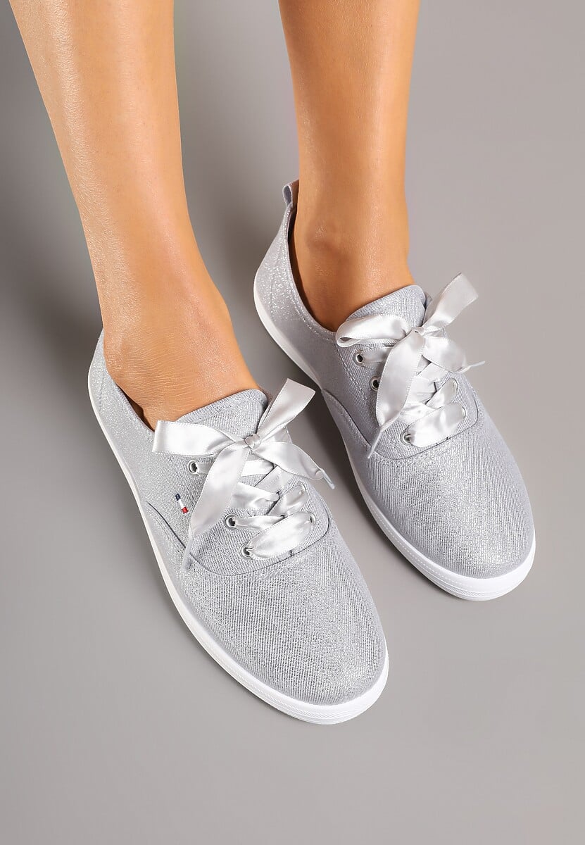 Srebrne Tenisówki Brokatowe z Ozdobnymi Sznurowadłami Palmena