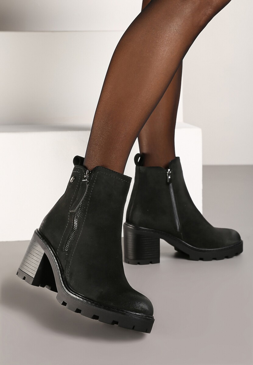 Brązowe Botki na Słupku Boho z Suwakiem Kodra