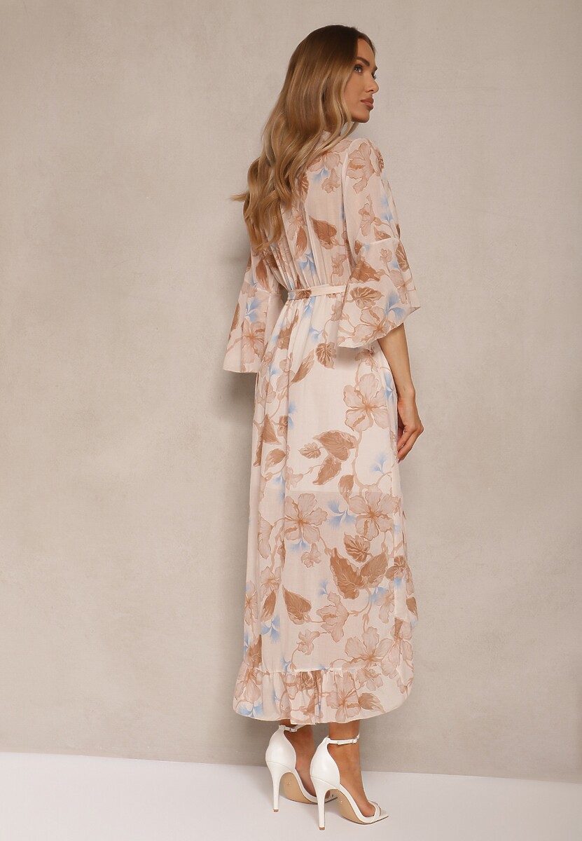 Beżowa Asymetryczna Sukienka z Bawełny z Kopertowym Dekoltem i Wiązanym Paskiem Nitilira