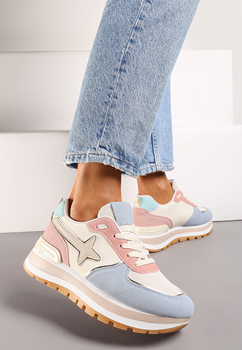 Niebiesko-Różowe Sneakersy na Niskiej Platformie z Ozdobnymi Wstawkami na Cholewce Suno