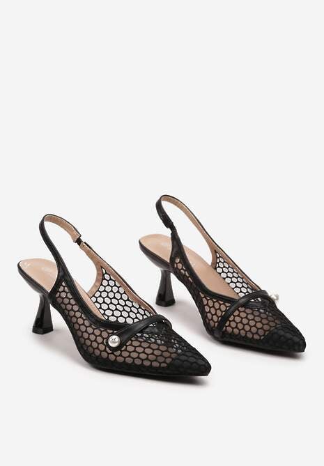 Czarne Ażurowe Sandały z Ozdobą na Froncie z Perełką Abetia
