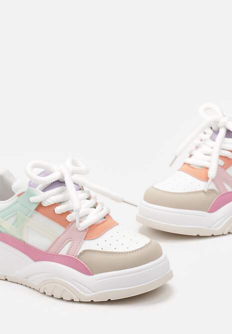 Biało-Różowe Sneakersy na Grubej Podeszwie z Szerokim Wiązaniem Iniestra