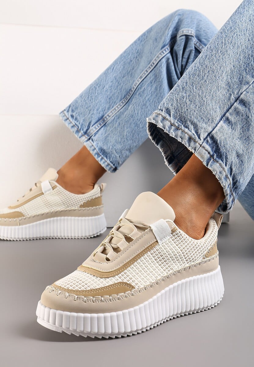 Beżowe Sneakersy na Platformie Ozdobione Tweedowymi Wstawkami i Cyrkoniami Eganna