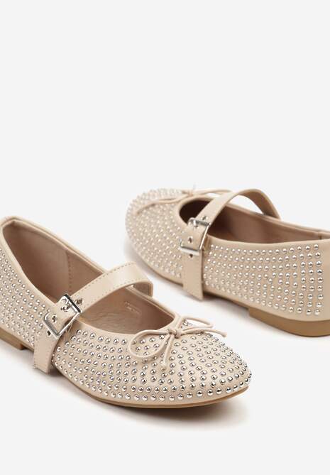 Beżowe Balerinki Mary Jane Ozdobione Kokardą i Cyrkoniami Lurisellia