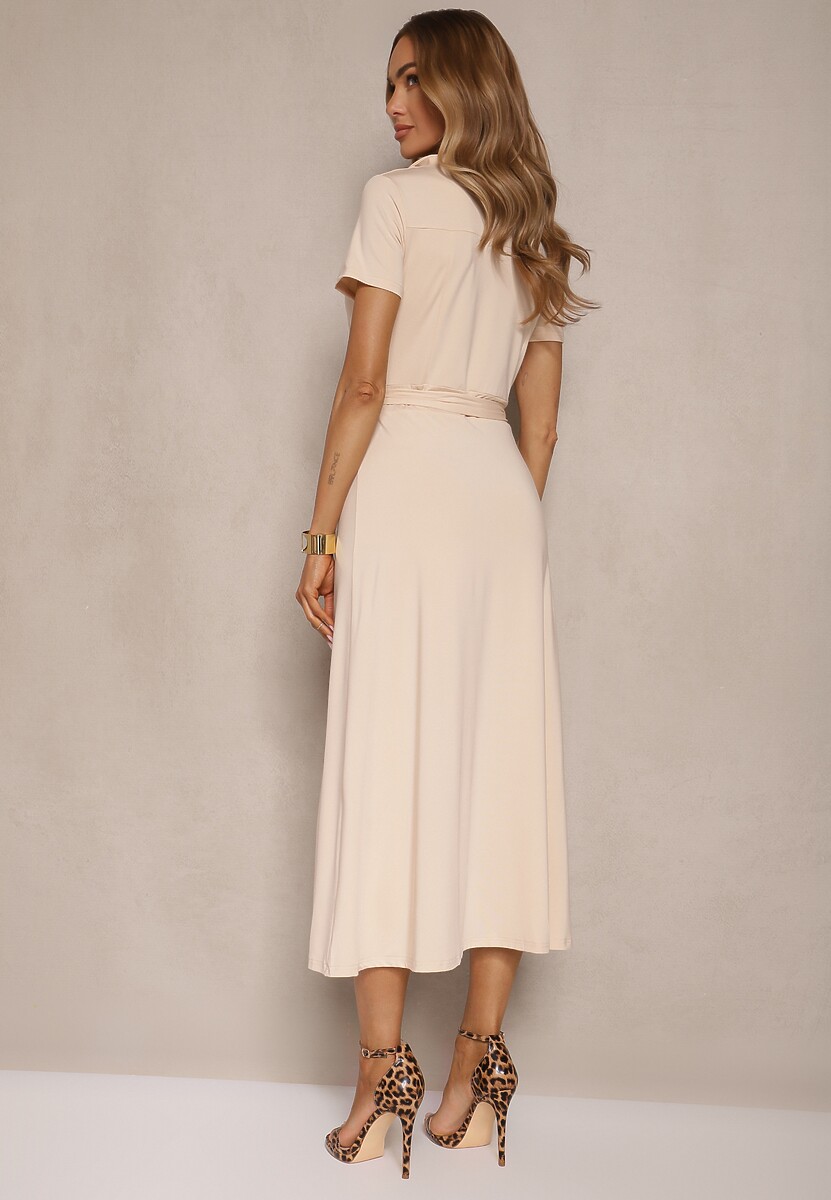 Jasnobeżowa Sukienka Koszulowa z Wiązanym Paskiem Asheila