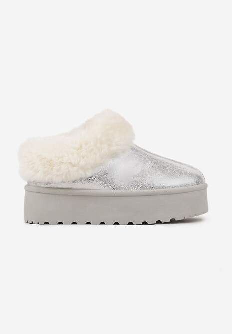 Srebrne Krótkie Śniegowce Wsuwane na Grubej Podeszwie Ozdobione Futerkiem Azida