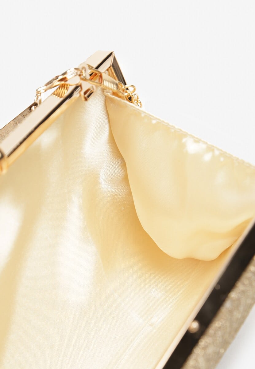 Złota Wieczorowa Torebka Ozdobiona Brokatem i Łańcuszkiem Kromea