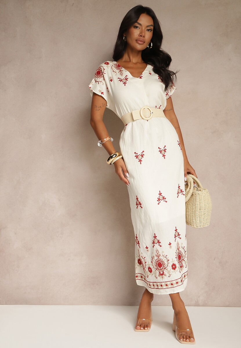 Biało-Czerwona Sukienka z Wiskozy ze Wzorem w Stylu Etno Meluriela