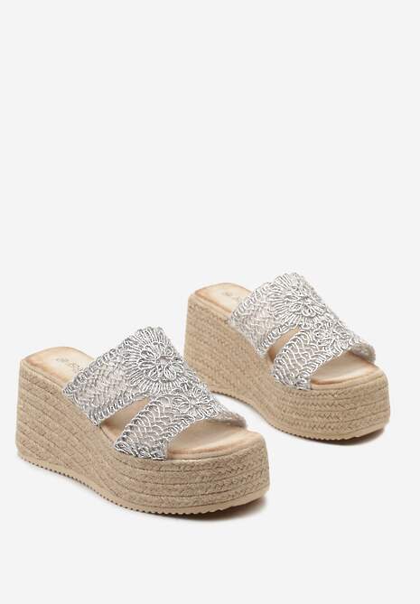 Srebrne Klapki na Plecionym Koturnie z Ozdobnymi Paskami Telestia