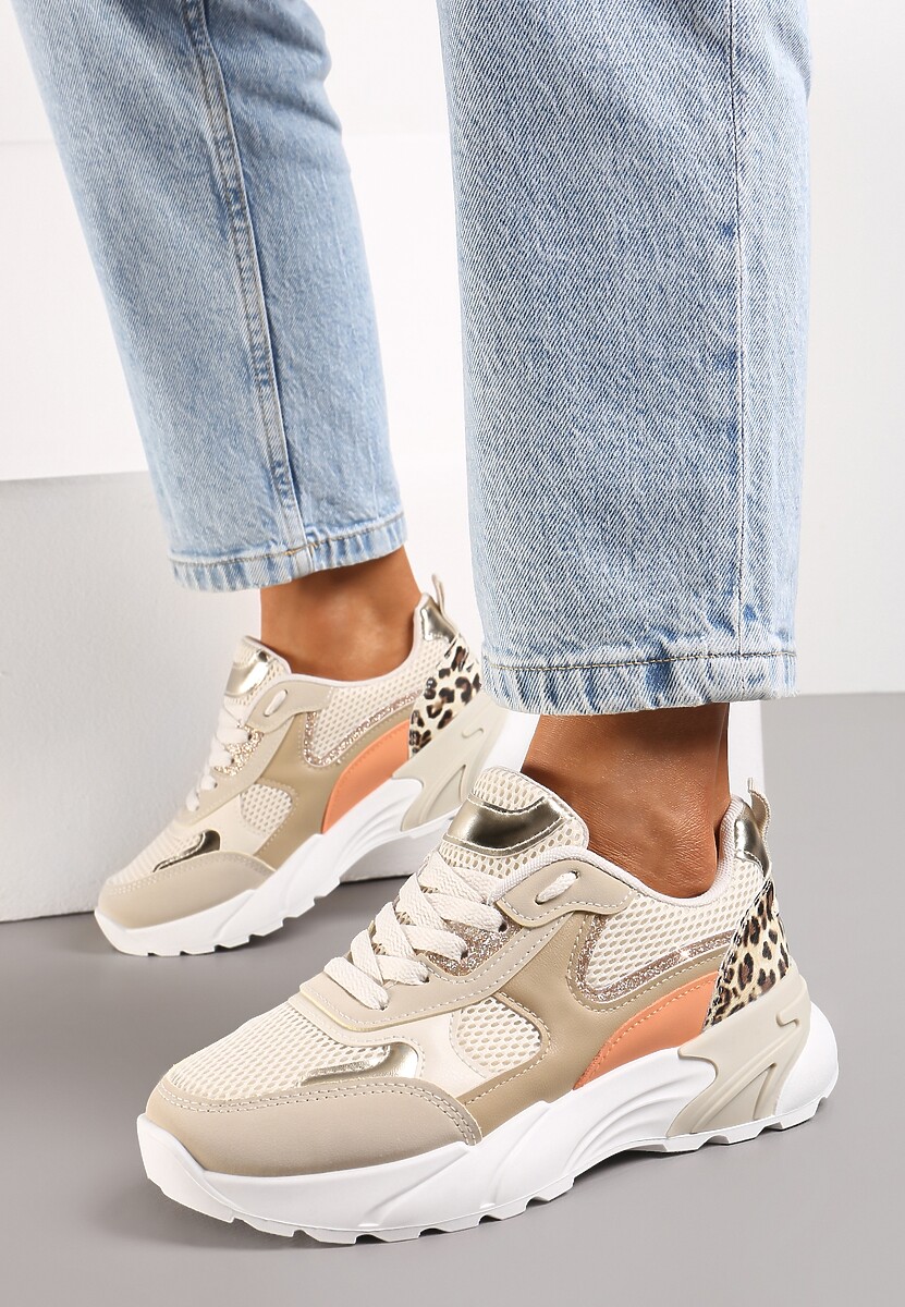 Beżowo-Białe Sneakersy z Metalicznymi i Siateczkowymi Wstawkami Efalia