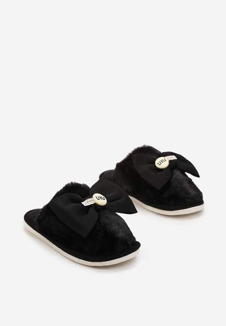 Czarne Kapcie z Miękkiego Futerka Ozdobione Kokardą Adeltta