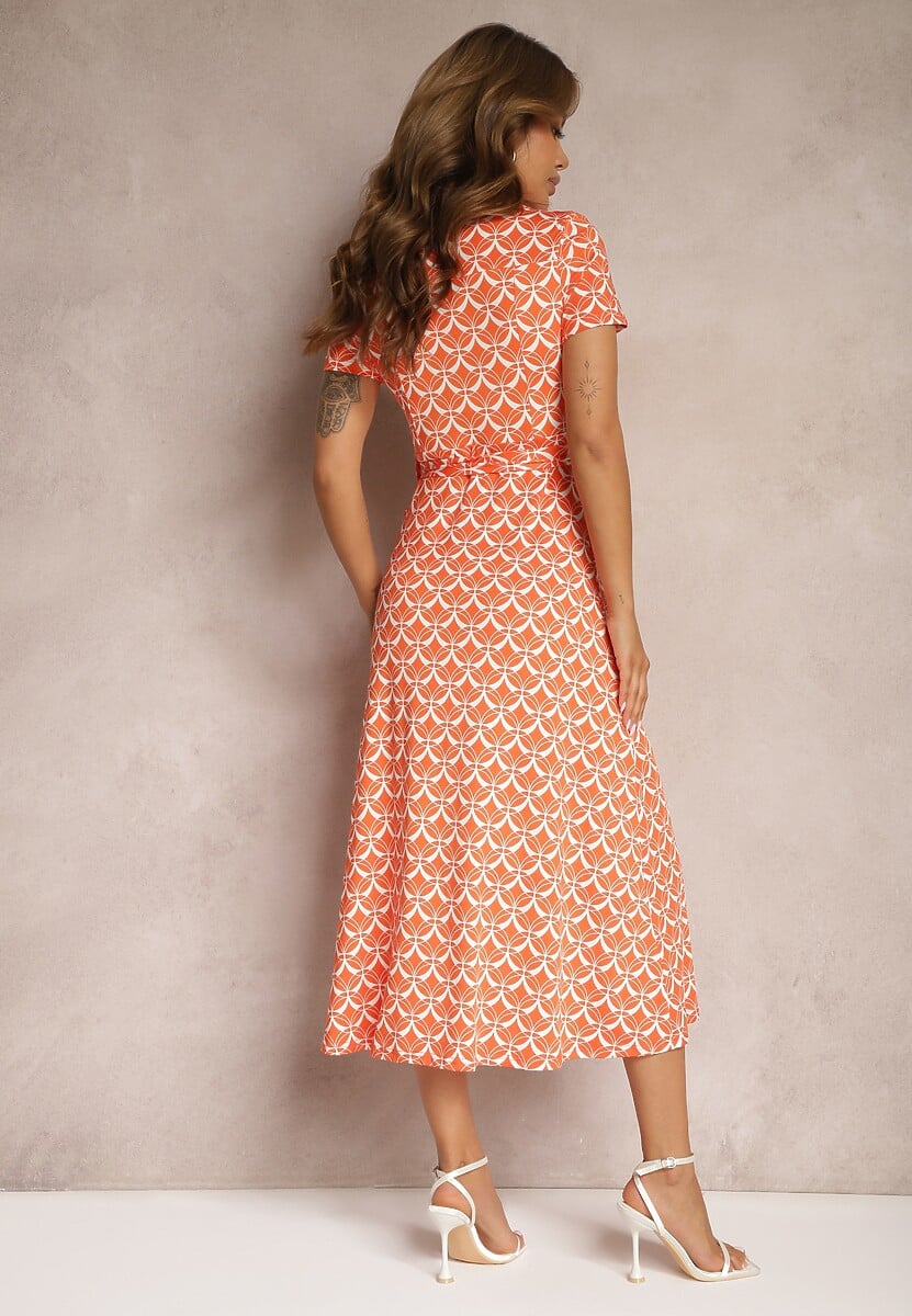 Pomarańczowa Taliowana Sukienka z Wiskozą o Kroju Koszulowym z Guzikami i Paskiem Cosofia