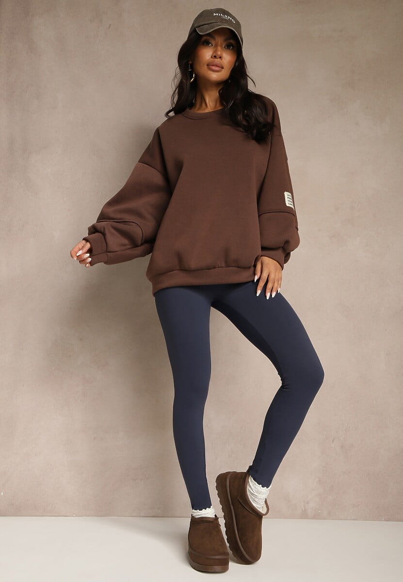 Granatowe Legginsy High Waist z Szeroką Gumką w Talii Aithala