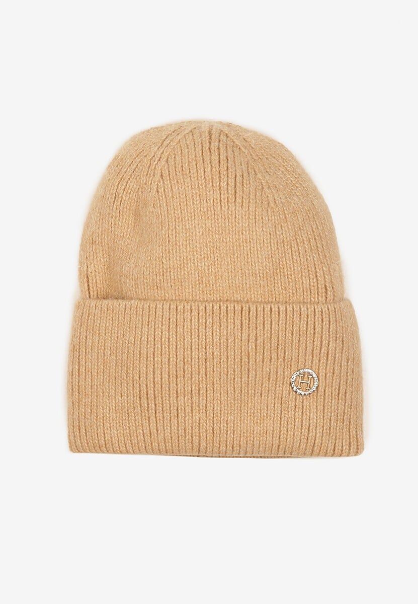 Szara Czapka Beanie z Dodatkiem Angory i Metaliczną Aplikacją Delathor