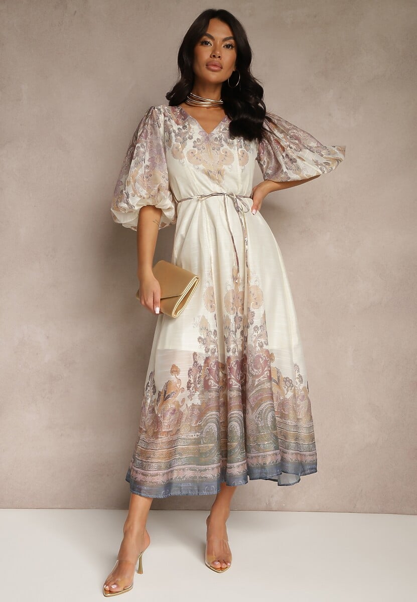 Jasnobeżowa Rozkloszowana Sukienka z Wiskozy z Wiązaniem i Ornamentalnym Wzorem Redanira