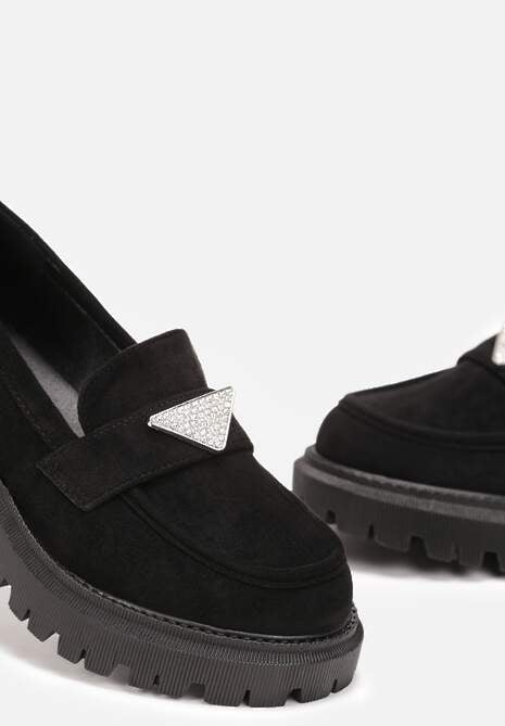 Czarne Mokasyny na Grubej Podeszwie Ozdobione Cyrkoniami Movail