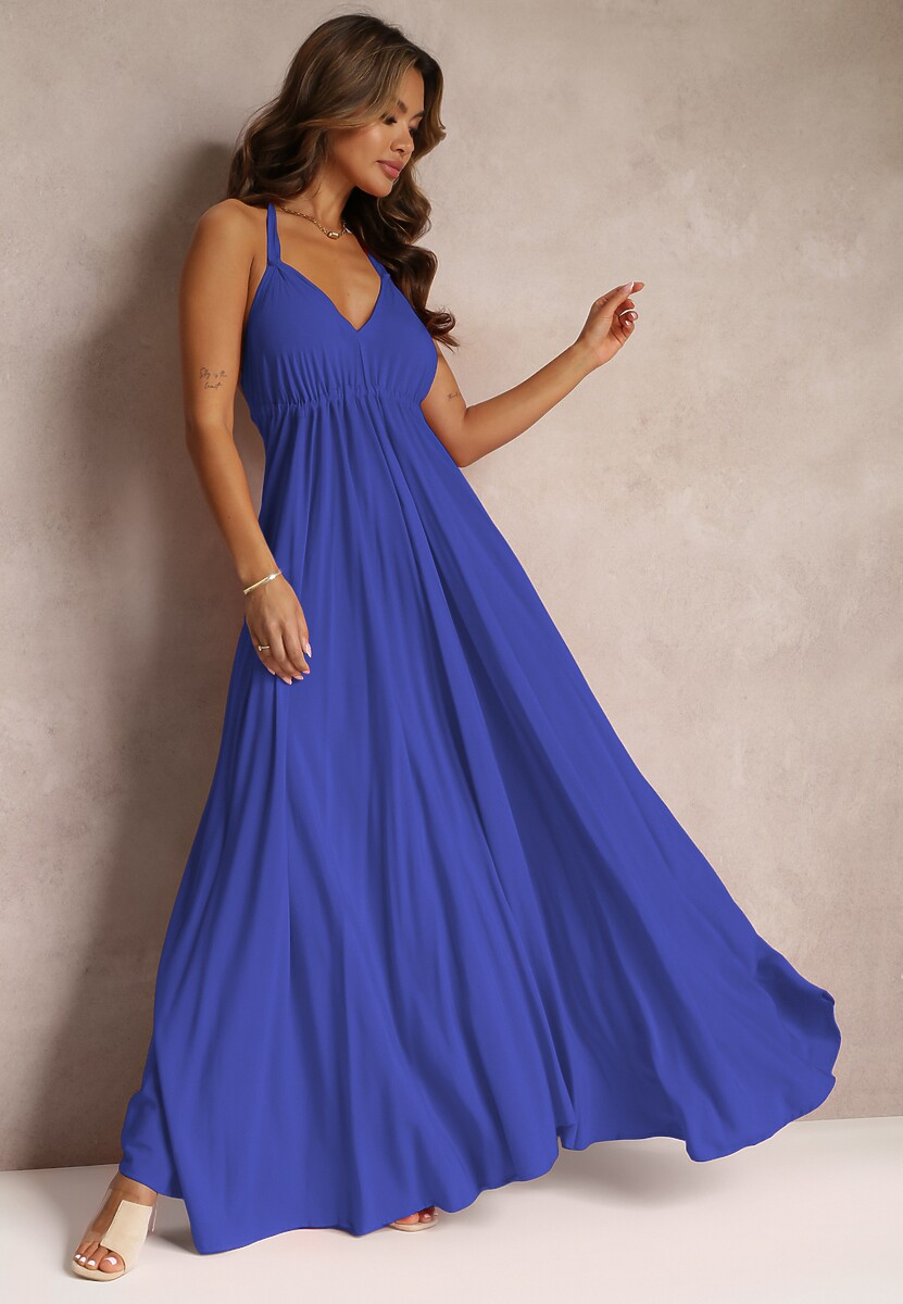 Granatowa Rozkloszowana Sukienka Bawełniana z Wiązaniem na Szyi Panethea