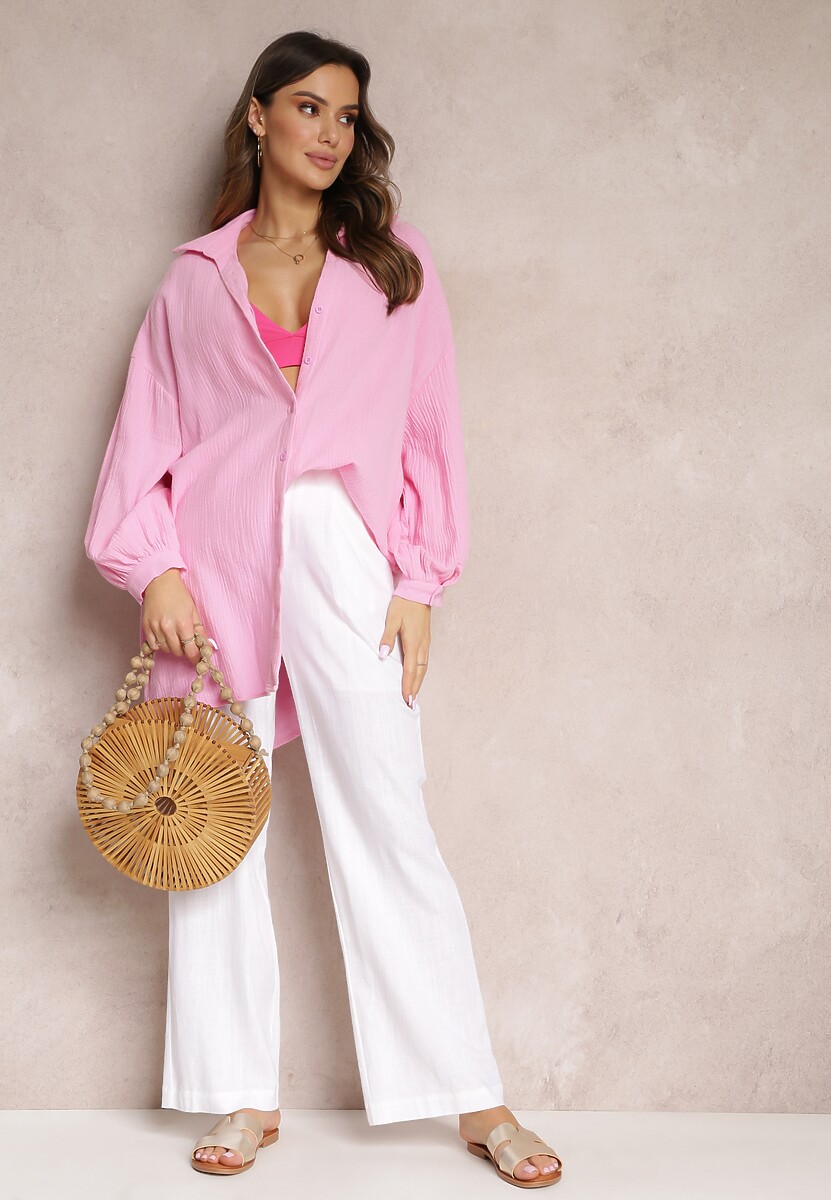 Różowa Bawełniana Koszula Oversize z Przedłużonym Tyłem Gelacia