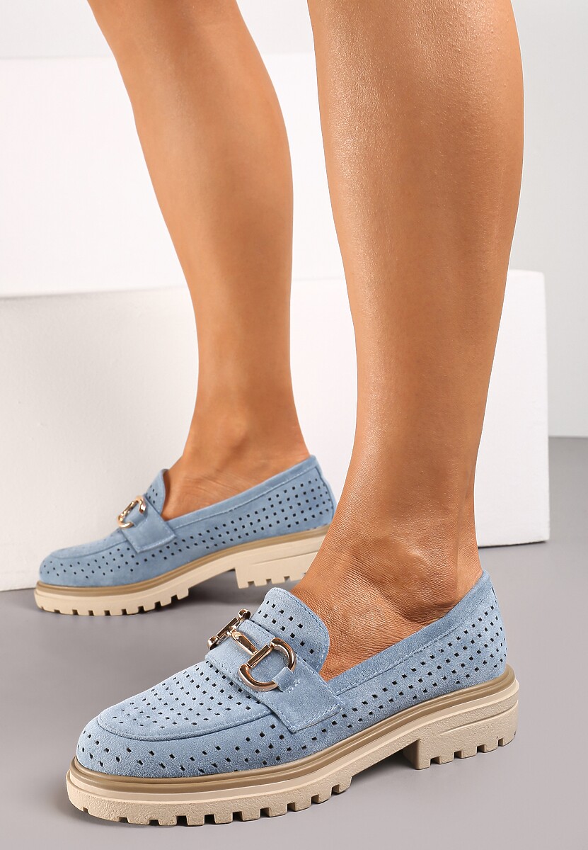 Niebieskie Ażurowe Mokasyny z Ekozamszu z Ozdobną Klamrą Vleggia