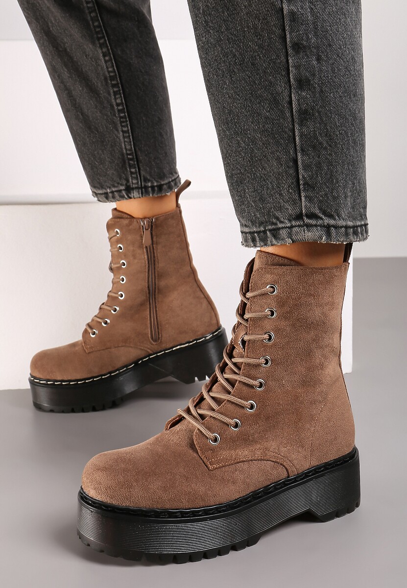 Ciemnobeżowe Botki Workery z Ekozamszu na Platformie Justines