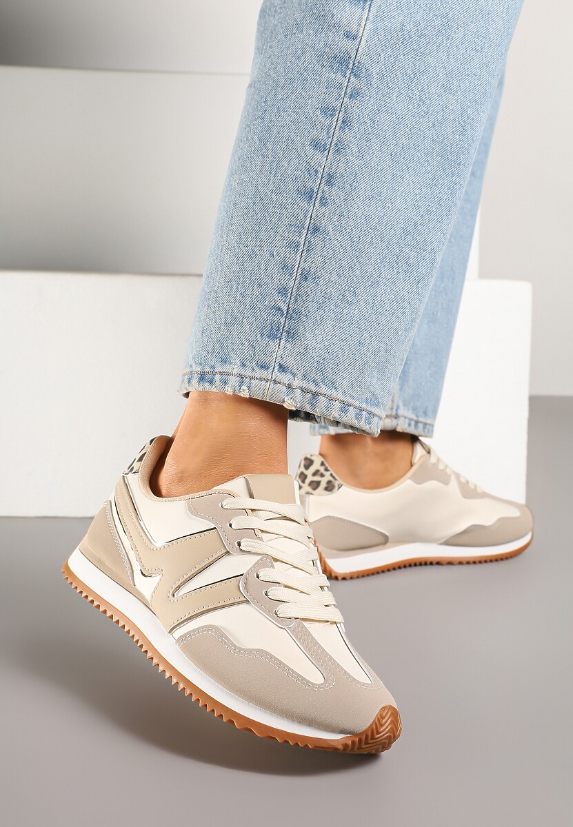 Beżowe Sneakersy z Geometrycznym Wzorem i Metaliczną Wstawką Zolio