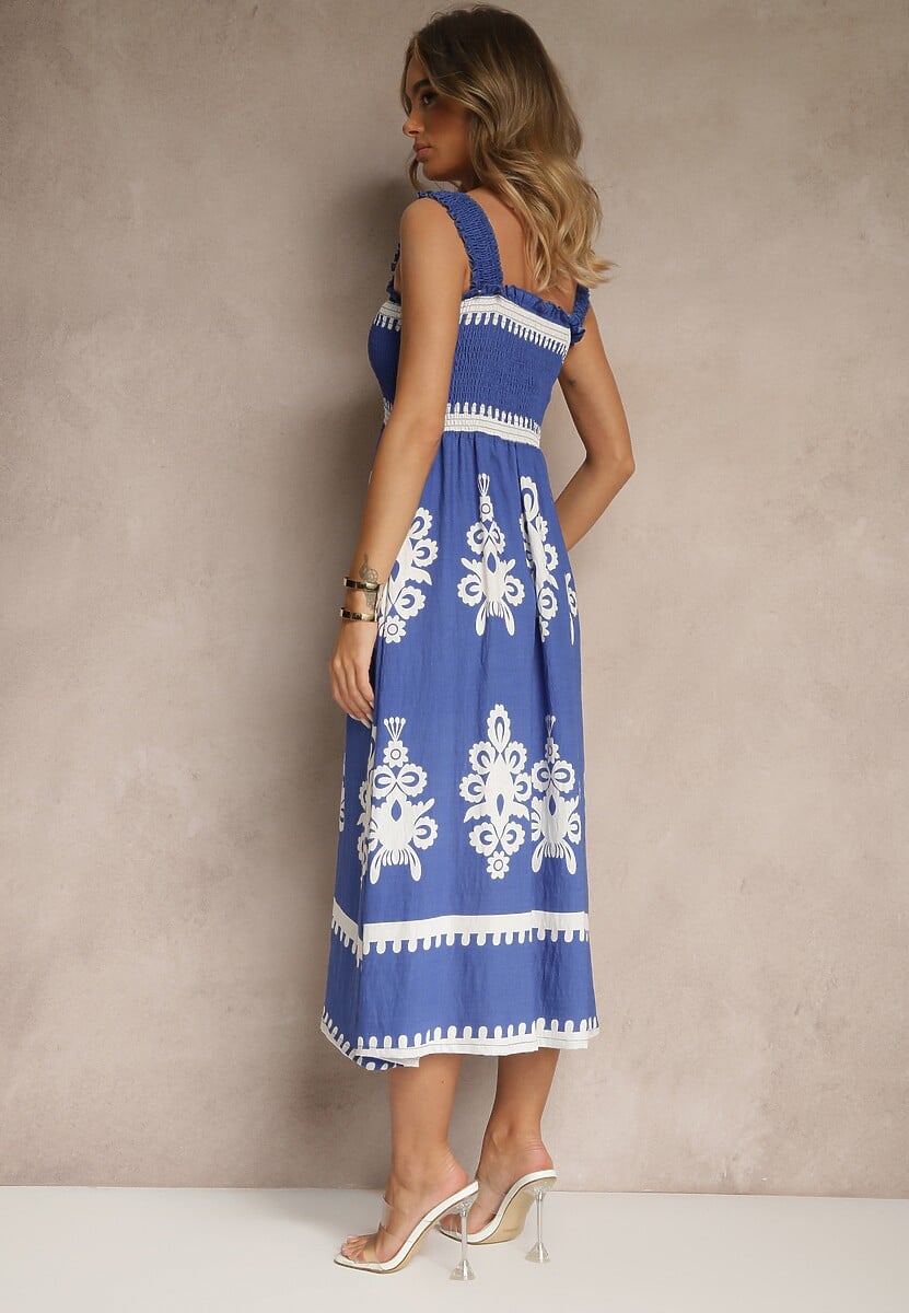 Niebieska Rozkloszowana Sukienka z Wiskozy z Ornamentnym Motywem Aloxe