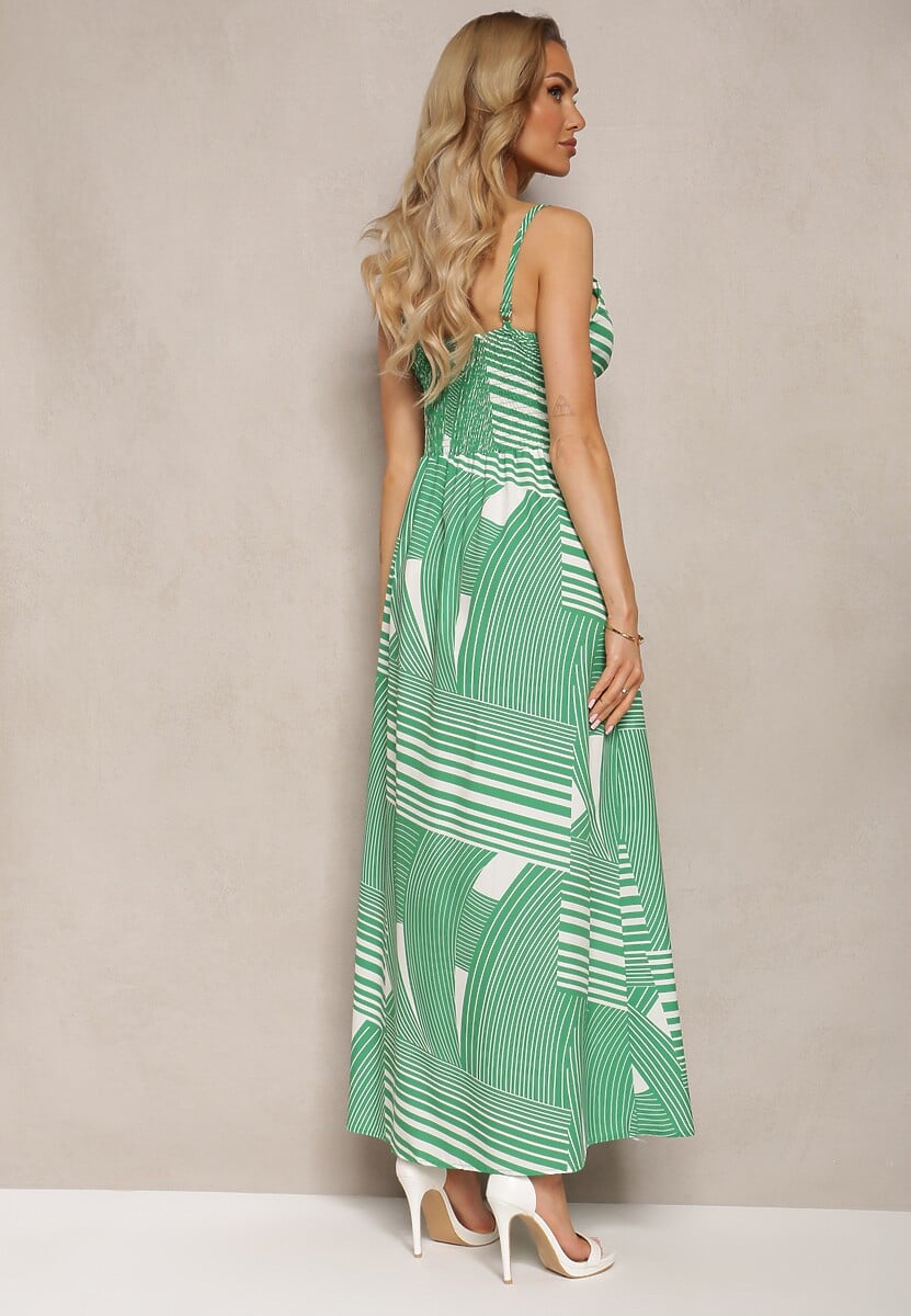 Zielona Sukienka z Regulowanymi Ramiączkami z Gumkami z Tyłu i Rozcięciami Fatoria