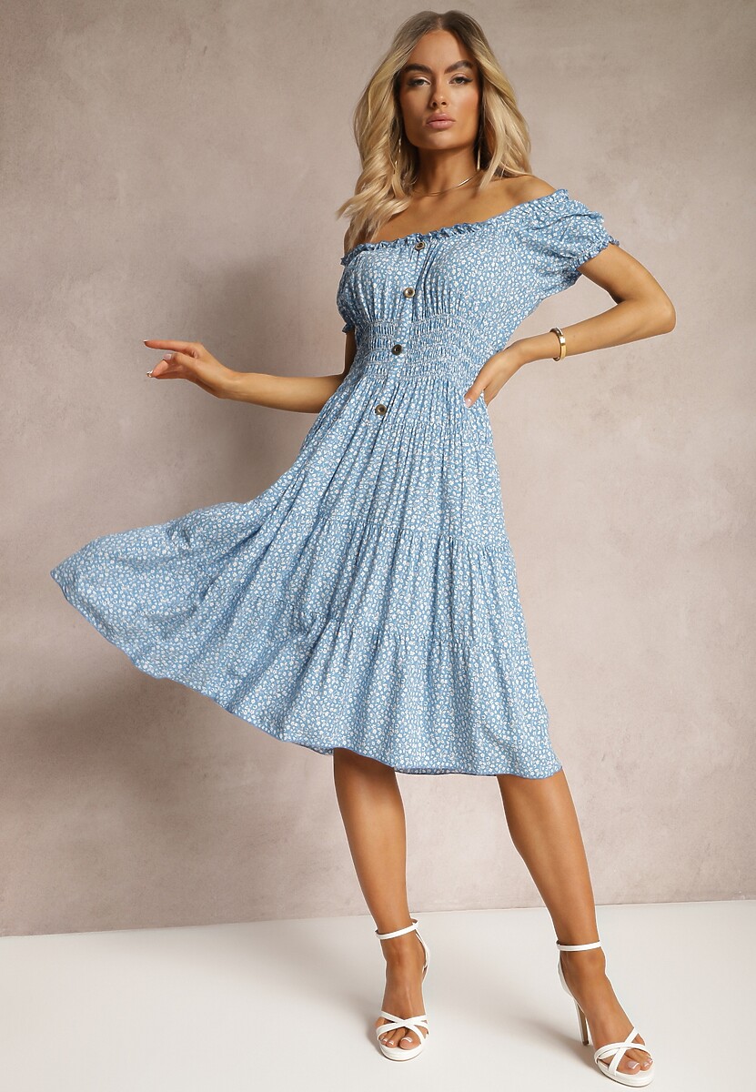 Niebieska Kwiecista Sukienka z Bawełny z Gumkami w Pasie Herata