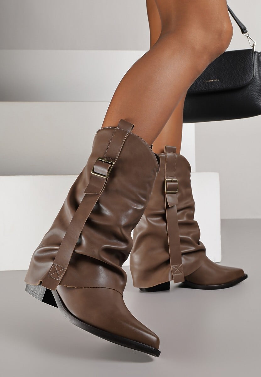 Brązowe Botki Kowbojki z Wywiniętą Cholewką z Marszczeniem Ilova