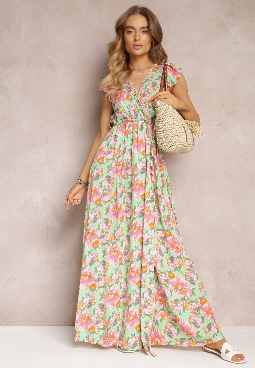 Jasnozielona Sukienka Kopertowa z Gumką w Pasie w Kwiaty Toma