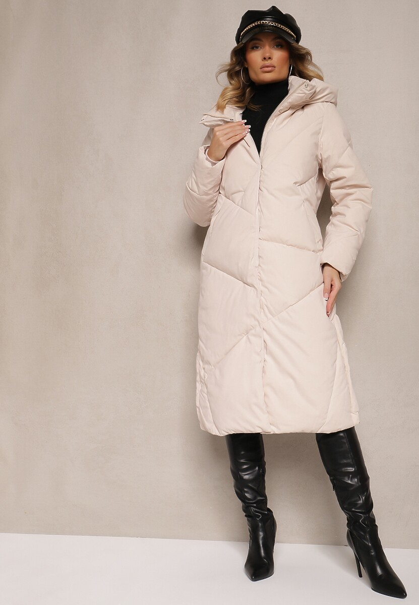 Jasnobeżowa Długa Kurtka z Pikowanymi Przeszyciami Kieszeniami i Kapturem Cemeriana