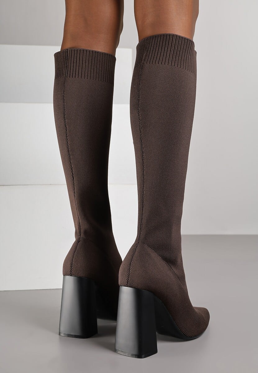 Brązowe Kozaki VICES na Słupku ze Skarpetkową Cholewką Zevona