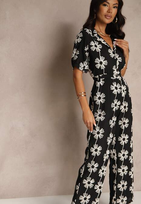 Czarny Koszulowy Kombinezon z Wiskozy z Krótkim Rękawem i Wsuwanymi Kieszeniami Miliane