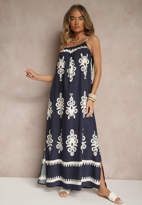 Granatowa Rozkloszowana Sukienka na Ramiączkach w Ornamentalny Print Reveleine