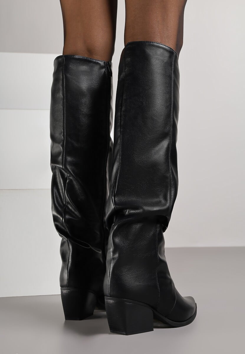 Czarne Marszczone Kozaki na Obcasie w Kształcie Stożka Atima