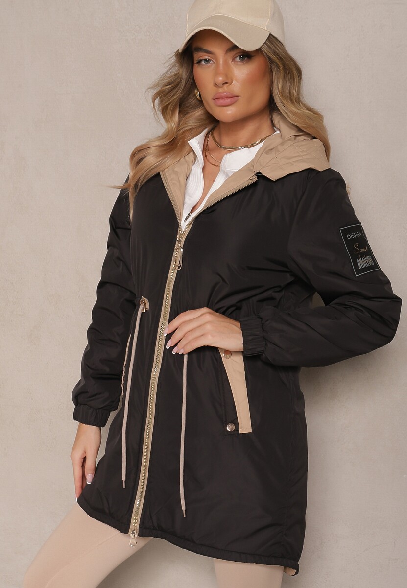Czarna Kurtka o Kroju Parki z Kapturem i Ściągaczem w Talii Zizana