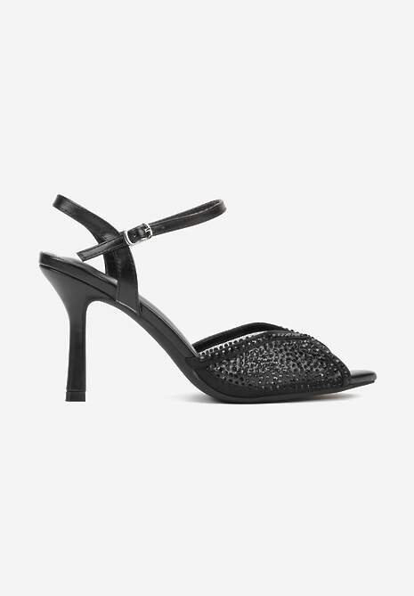 Czarne Eleganckie Sandały na Szpilce Ozdobione Cyrkoniami  Viofera