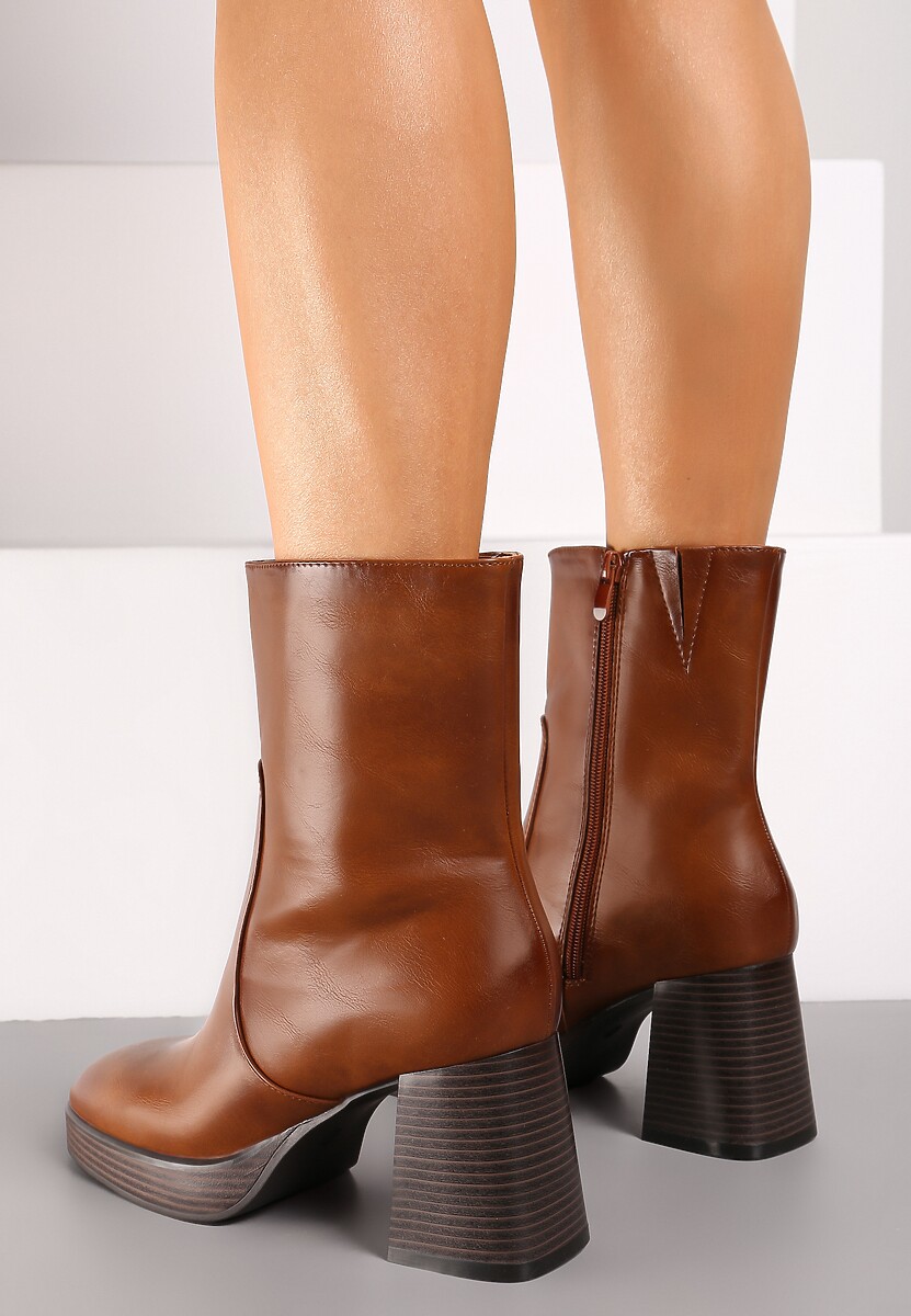 Brązowe Ocieplane Casualowe Botki na Słupku Verinnda