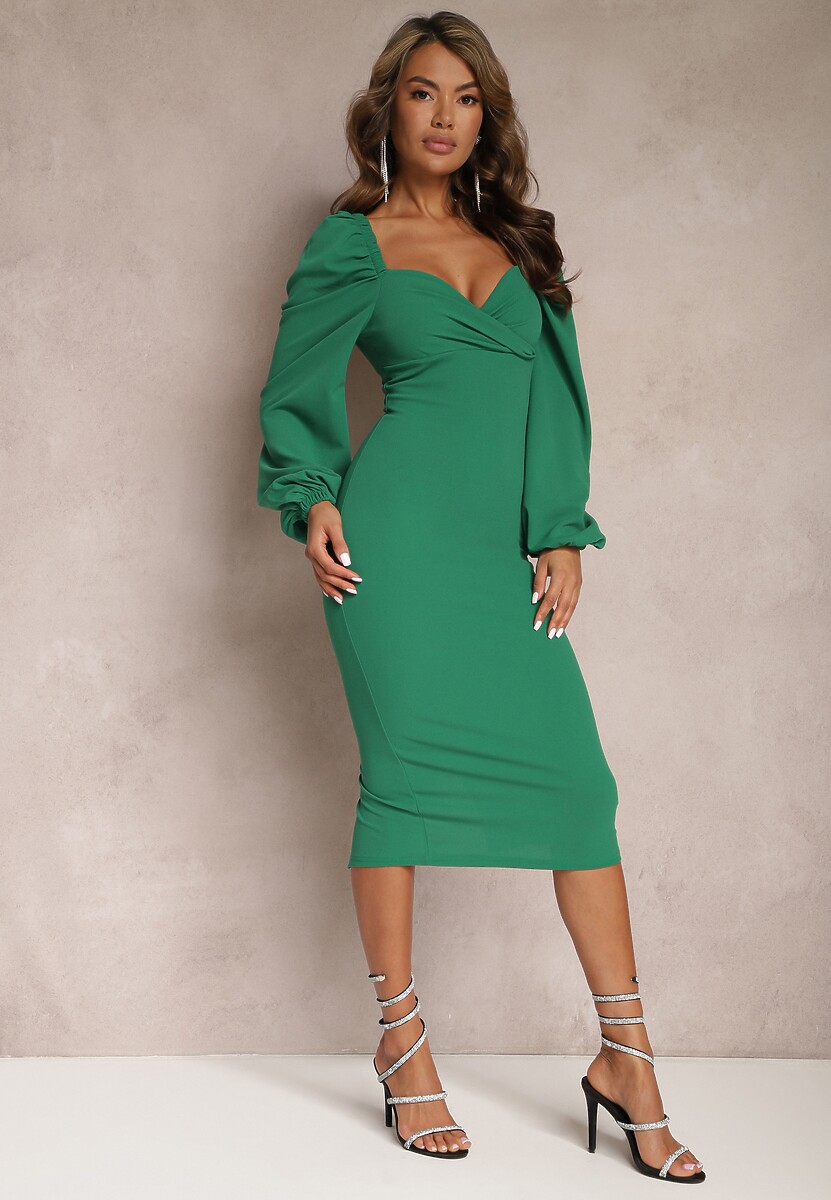 Zielona Kopertowa Sukienka Midi z Drapowaniem i Bufiastymi Rękawami Revie