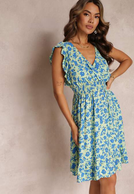 Jasnozielona Wiskozowa Sukienka o Rozkloszowanym fasonie z Metalicznym Nadrukiem Aurasana