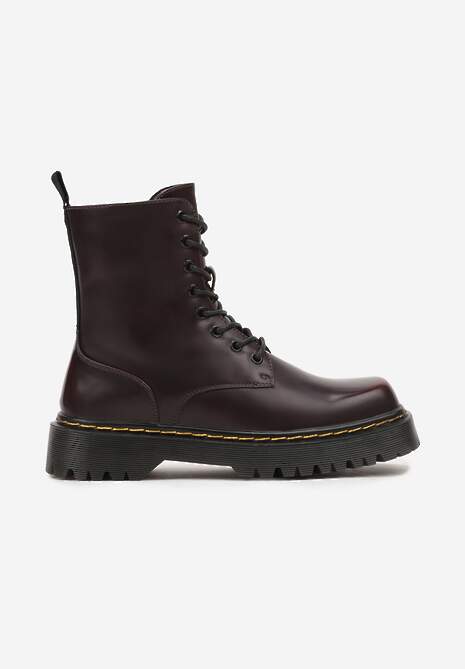 Bordowe Sznurowane Ocieplone Botki na Platformie w Stylu Workerów Crecca