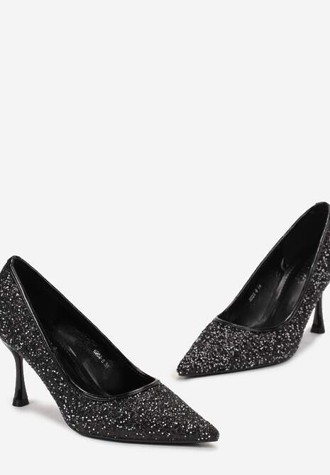 Czarne Brokatowe Szpilki ze Szpiczastym Noskiem Domazina