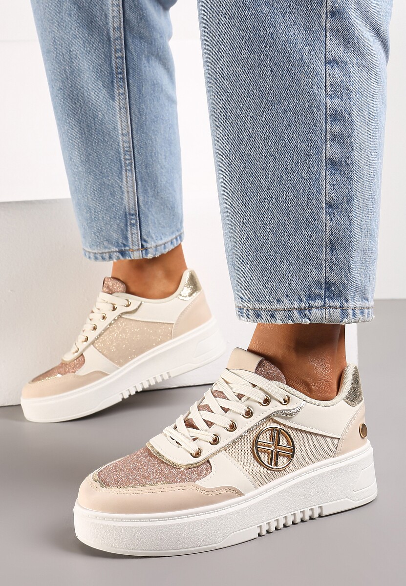 Beżowe Sneakersy z Metalicznymi Wstawkami i Brokatem na Grubej Podeszwie Xaneta
