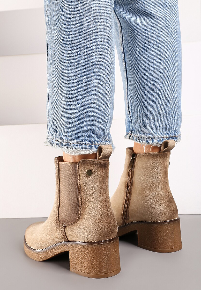 Beżowe Botki Typu Sztyblety z Ekozamszu na Obcasie Ellavia