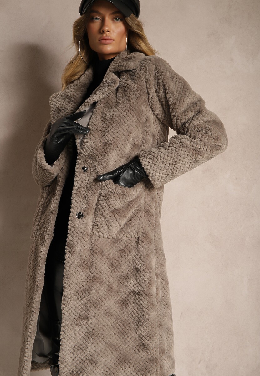 Szary Futrzany Płaszcz Ozdobiony Pikowaniem i Wsuwanymi Kieszeniami Vertissa