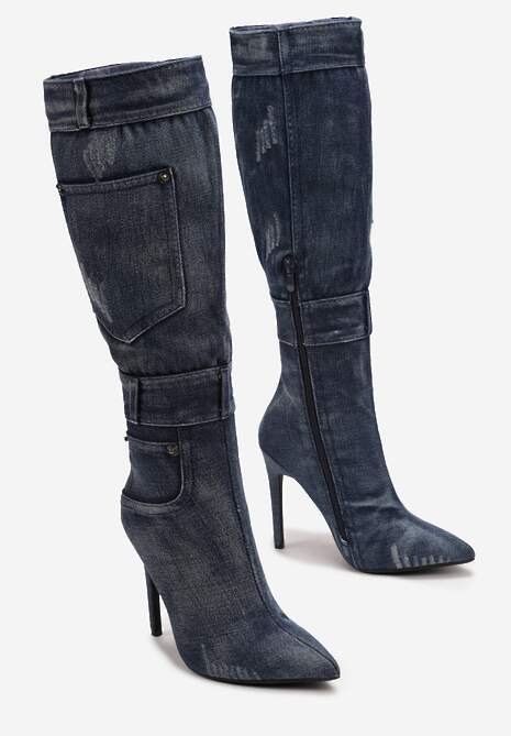 Niebieskie Jeansowe Kozaki przed Kolano na Szpilce Tusmma