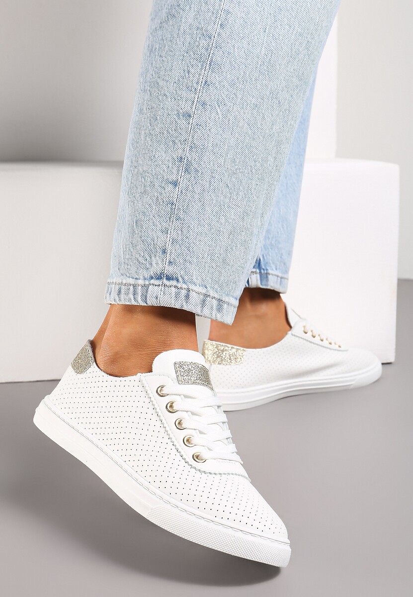 Biało-Srebrne Tenisówki ze Skóry ze Wstawkami z Brokatu Klerioa