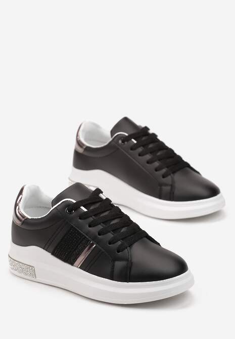 Czarne Sneakersy z Imitacji Skóry z Metalicznym Akcentem i Cyrkoniami Evadine